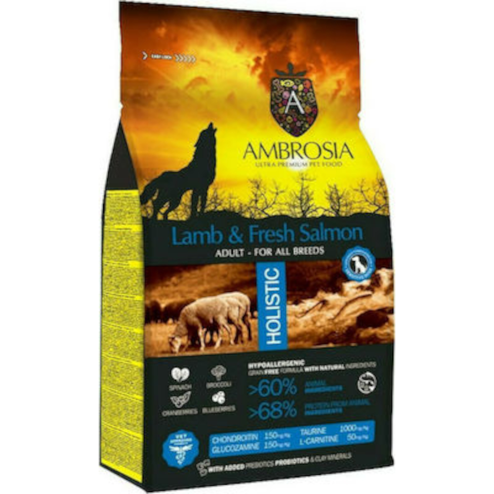Ambrosia Lamb & Fresh Salmon Adult All Breeds Ξηρά Τροφή χωρίς Σιτηρά για Ενήλικους Σκύλους με Αρνί και Σολομό 2kg