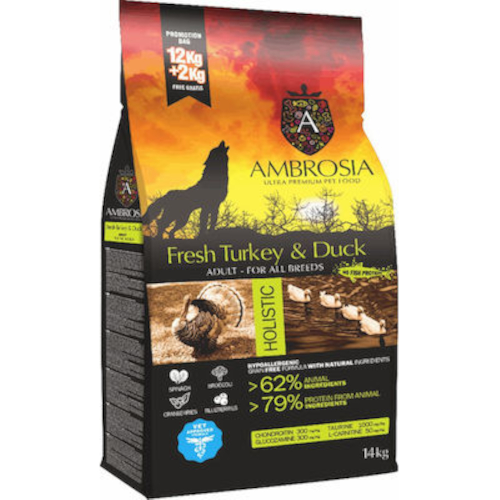 Ambrosia Fresh Turkey & Duck Adult All Breeds Ξηρά Τροφή χωρίς Σιτηρά για Ενήλικους Σκύλους με Γαλοπούλα και Πάπια 12kg